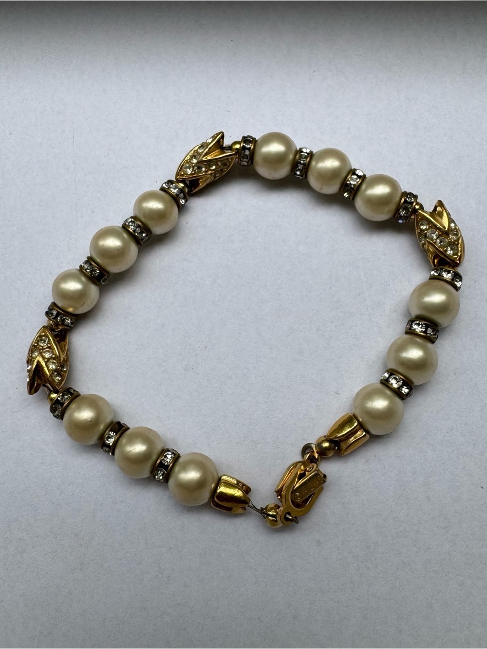 Christian Dior Vintage Signed Bracelet Gold Tone Faux Pearl Rhinestone